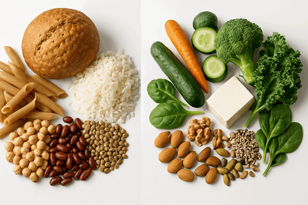 Visual comparison of high-carb and low-carb vegetarian diet foods, featuring bread and pasta on one side and tofu, leafy greens, and nuts on the other