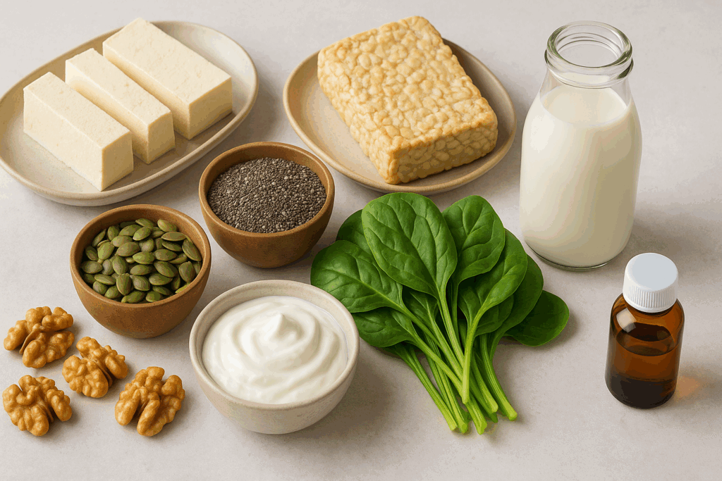 Assorted nutrient-rich foods for a low carb vegetarian diet including tofu, tempeh, chia seeds, spinach, walnuts, Greek yogurt, and fortified plant milk on a clean table.
