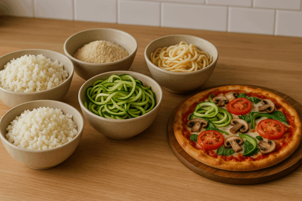 Kitchen counter with cauliflower rice, zucchini noodles, almond flour, and vegetable pizza as smart swaps for a low carb vegetarian diet
