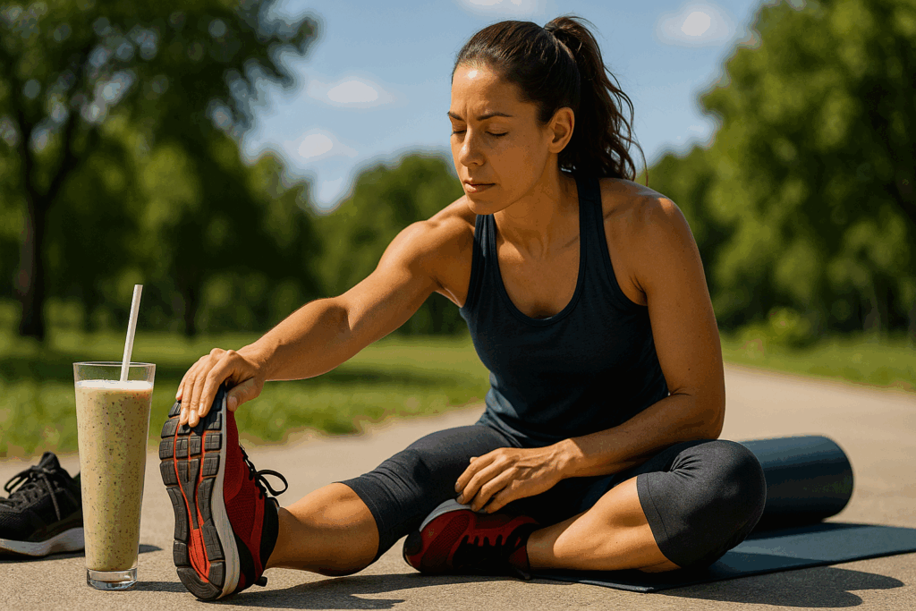 Fit vegetarian woman stretching outdoors post-workout with a smoothie made from almond milk, chia seeds, and pea protein—ideal for a low carb vegetarian diet.