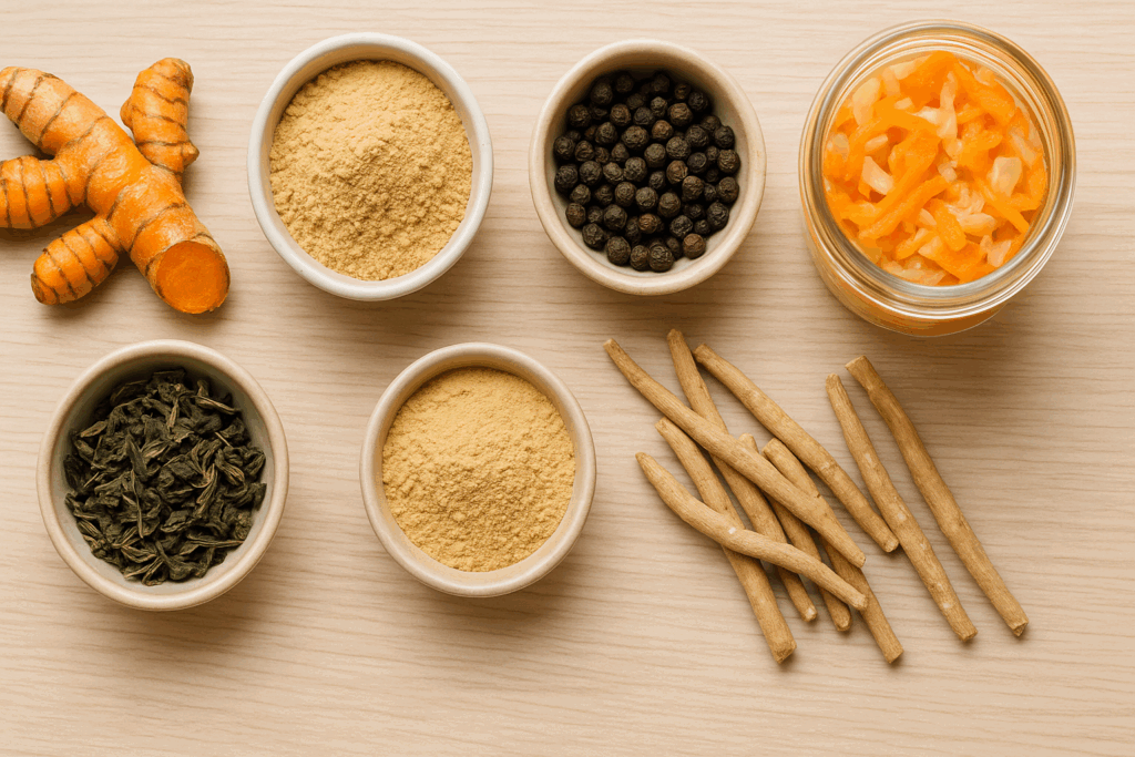 Assorted functional foods for a low carb vegetarian diet, including turmeric roots, maca powder, black pepper, ashwagandha root, green tea leaves, and fermented vegetables in ceramic bowls on a wooden surface.