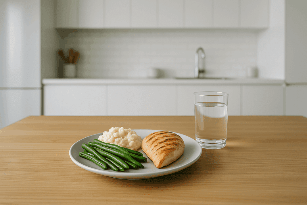 ChatGPT Image May 18, 2025, 08_45_34 PM Grilled chicken, green beans, and mashed cauliflower meal on a wooden table in a modern kitchen, ideal for a stage three kidney failure diet.