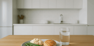 Grilled chicken, green beans, and mashed cauliflower meal on a wooden table in a modern kitchen, ideal for a stage three kidney failure diet.
