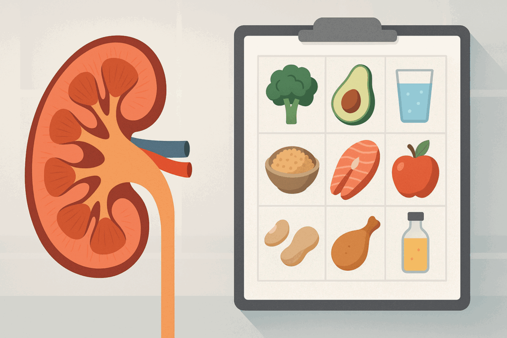 Split-screen showing kidney anatomy and a food chart with low-sodium meals, tailored for a stage three kidney failure diet