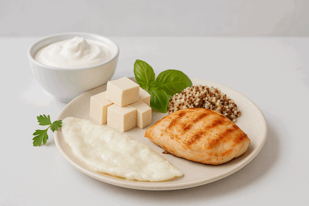 Grilled chicken, egg whites, tofu cubes, quinoa, and Greek yogurt on a white plate, ideal for a stage three kidney failure diet