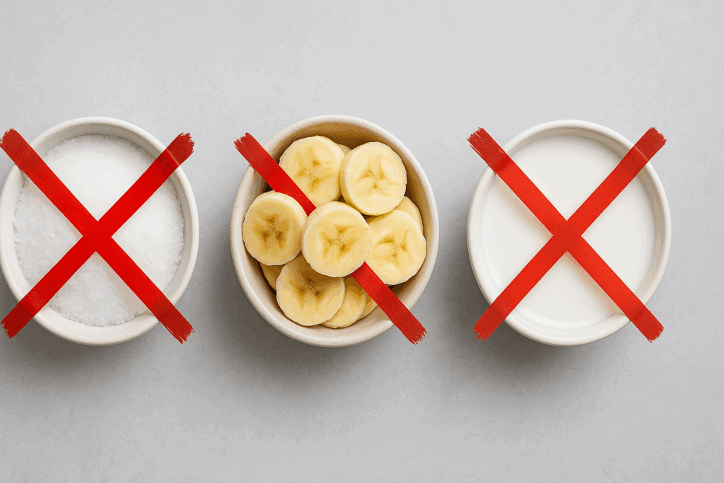 Bowl of salt, banana slices, and dairy milk crossed out to illustrate dietary restrictions for a stage three kidney failure diet.