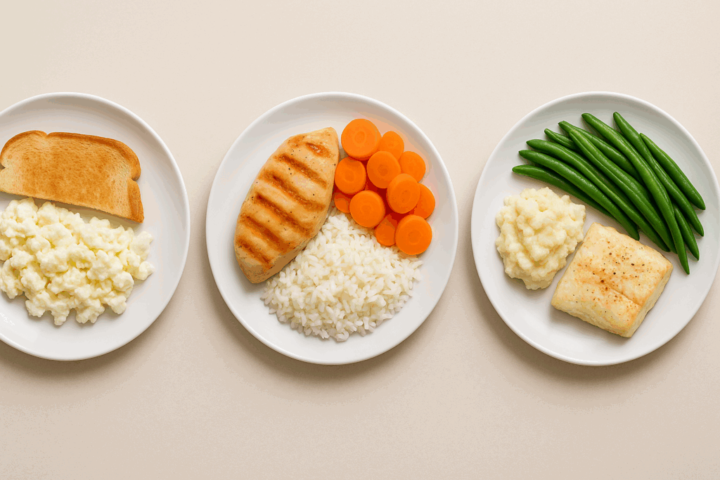 Three balanced meals for a stage three kidney failure diet, featuring egg whites and toast, grilled chicken with rice and carrots, and baked cod with vegetables.