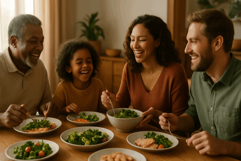 Diverse family enjoying a healthy homemade meal with lean proteins and vegetables, promoting connection on a stage three kidney failure diet.