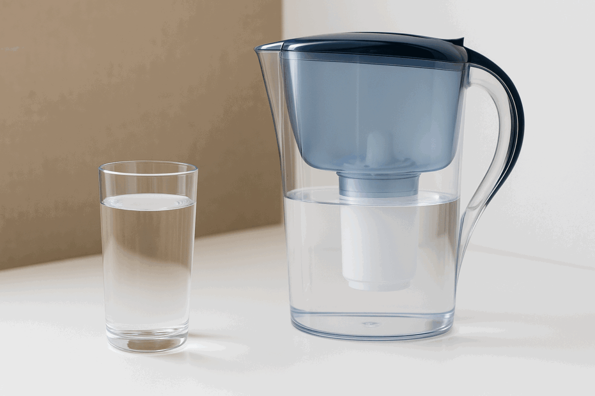 Clear glass of filtered water beside a home filtration pitcher on white surface, representing hydration strategies in a stage three kidney failure diet