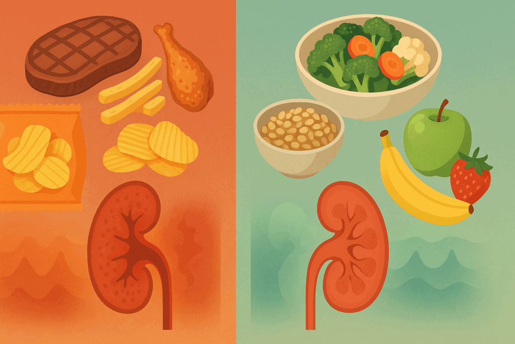 Infographic comparing high-AGE foods and kidney-friendly alternatives for a stage three kidney failure diet
