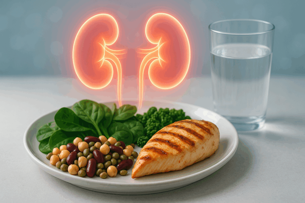 Balanced meal with grilled chicken, legumes, spinach, and water beside glowing kidneys, symbolizing the question: will too much protein cause kidney stones