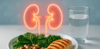 Balanced meal with grilled chicken, legumes, spinach, and water beside glowing kidneys, symbolizing the question: will too much protein cause kidney stones