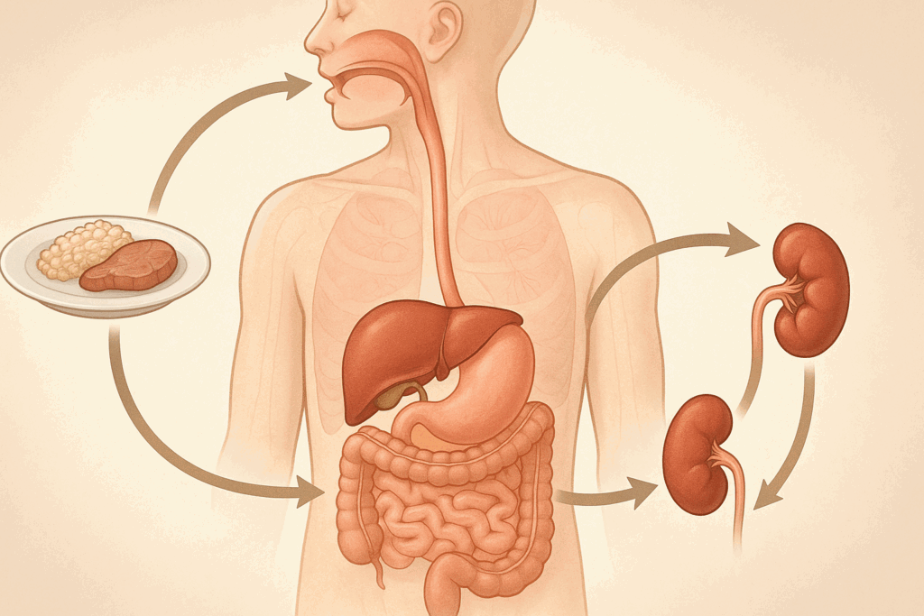 Diagram showing protein digestion from stomach to kidneys, illustrating how metabolic waste is excreted—answering will too much protein cause kidney stones.