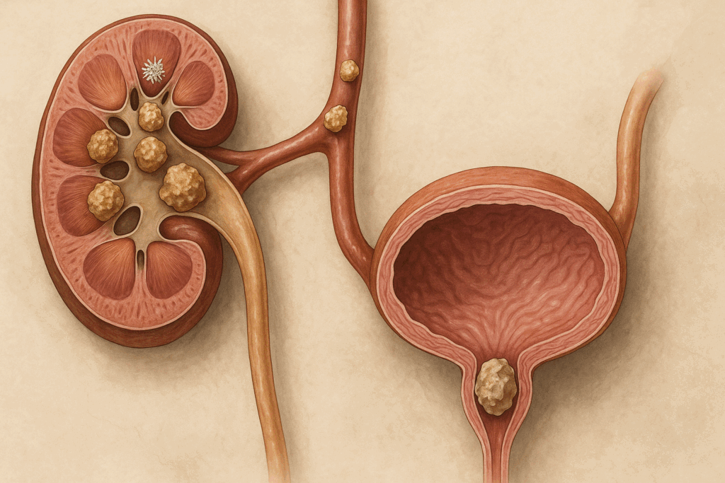 Cross-section of urinary tract showing kidney stones forming, illustrating how will too much protein cause kidney stones.