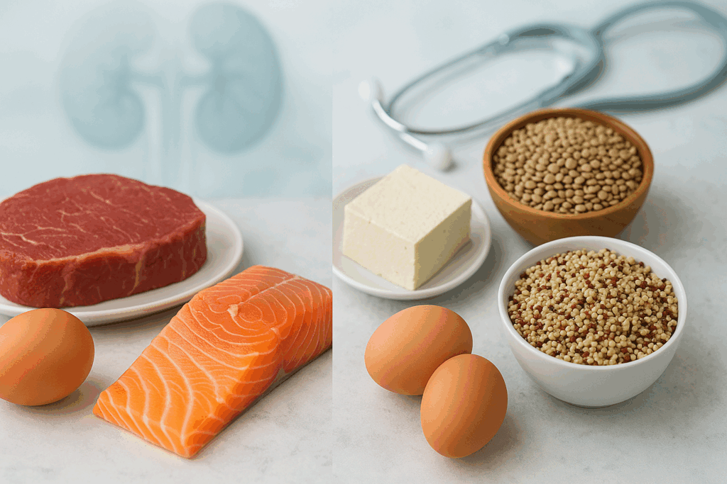 Side-by-side comparison of animal and plant protein sources with kidney health symbols in the background, illustrating the question: will too much protein cause kidney stones