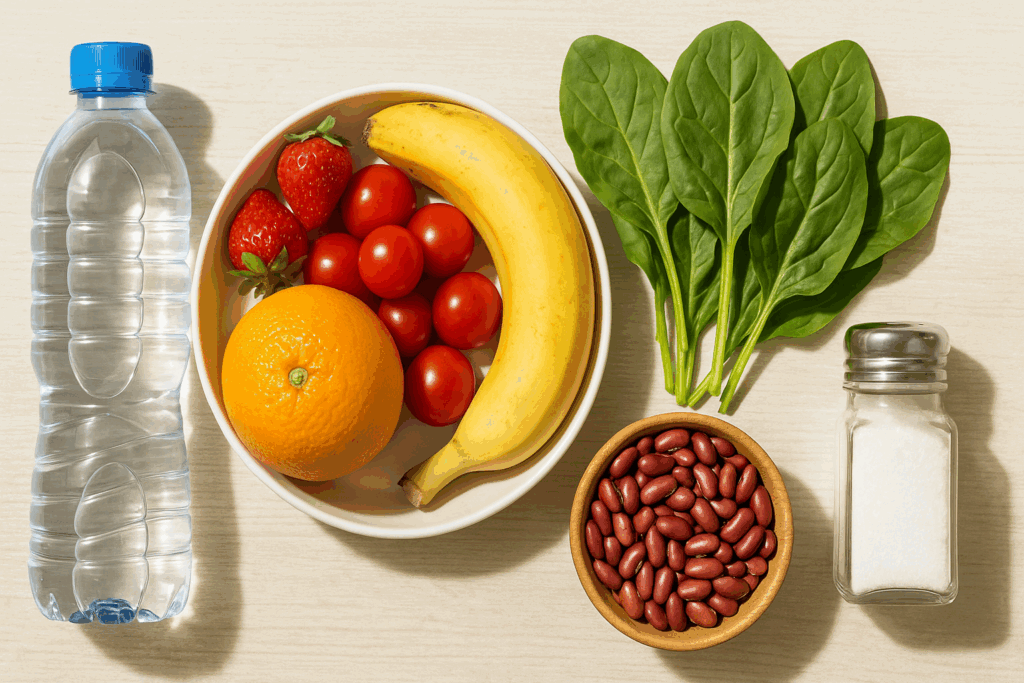Hydration and kidney-friendly foods like fruits, leafy greens, and legumes illustrating the answer to will too much protein cause kidney stones