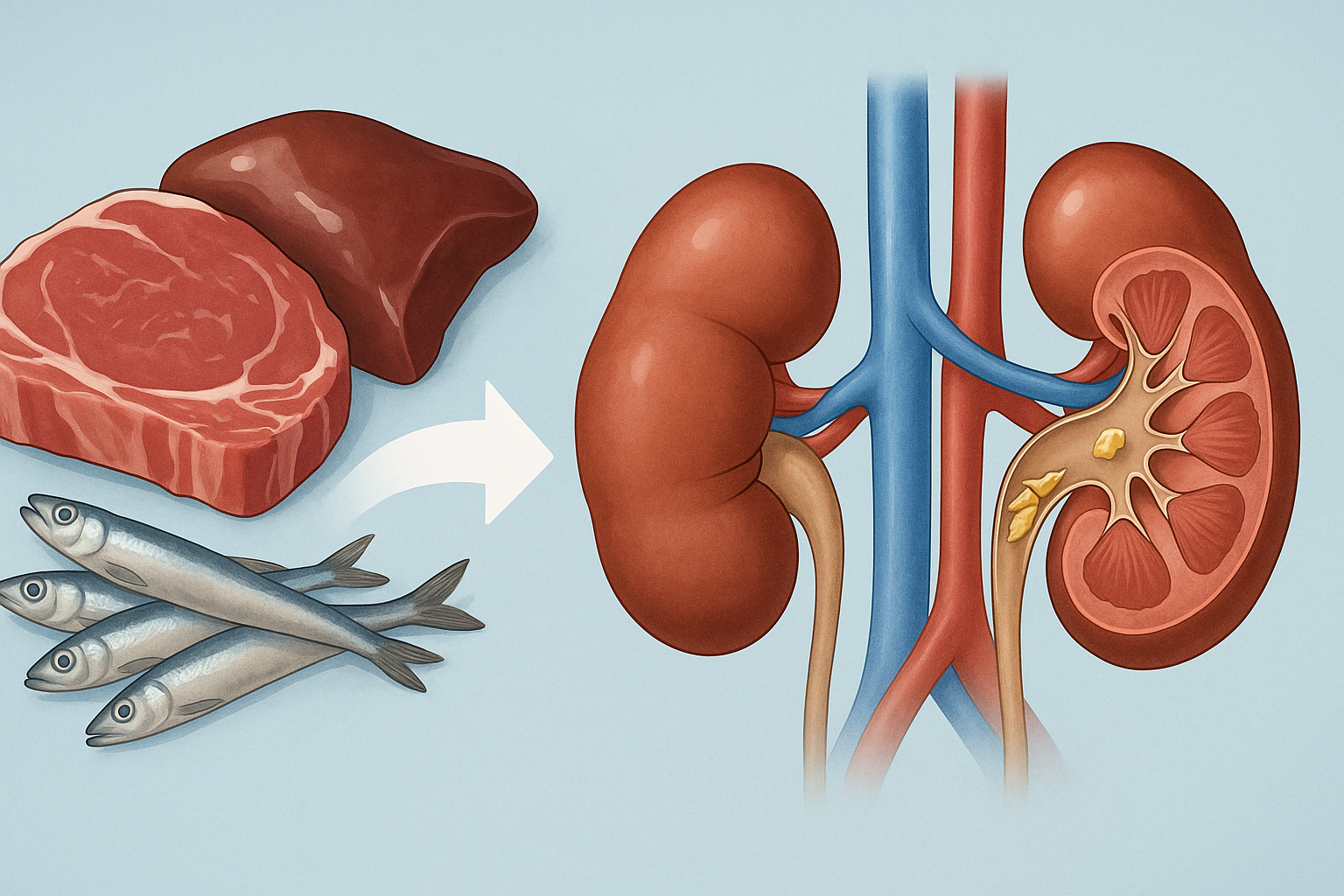 High-purine foods like red meat, organ meat, and anchovies leading to uric acid buildup in kidneys, illustrating will too much protein cause kidney stones.