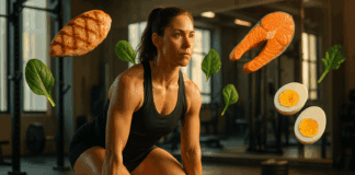 Athletic woman performing a dumbbell deadlift in a gym surrounded by high-protein foods, illustrating how to gain muscle in women.