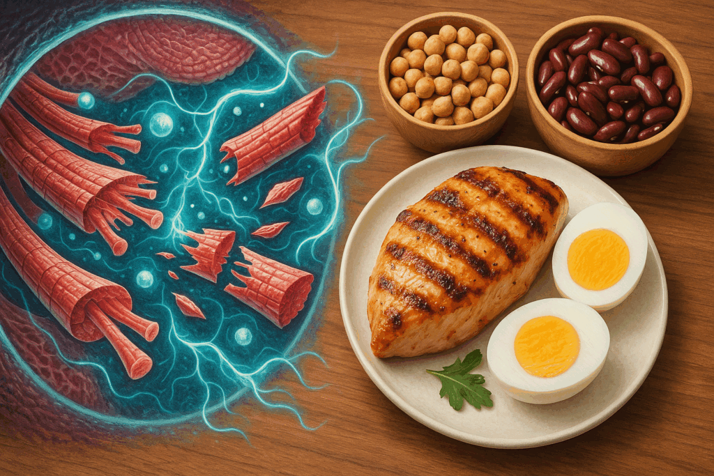 Scientific illustration of muscle fiber regeneration paired with high-protein foods like grilled chicken, eggs, and legumes on a wooden table, showing how to gain muscle in women.