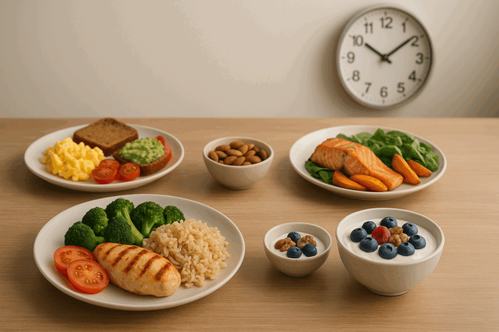 Daily meal plan showing five balanced, high-protein dishes arranged by time of day, illustrating how to gain muscle in women.
