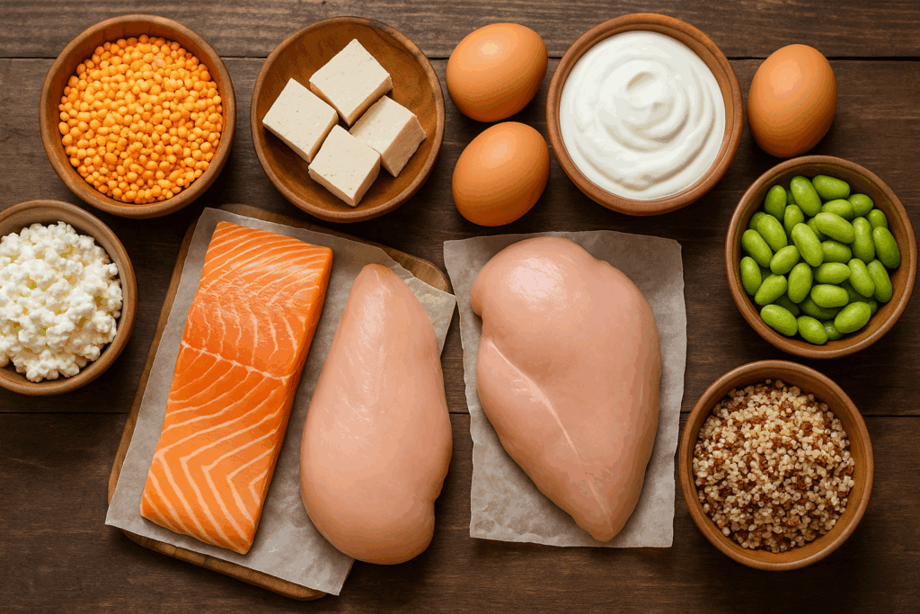 Colorful top-down display of high-protein foods like salmon, chicken, tofu, and quinoa for a muscle-building diet, supporting how to gain muscle in women.