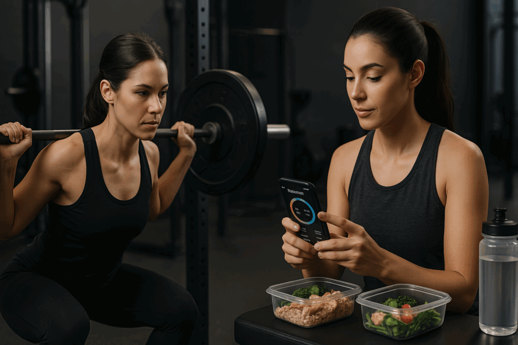 Two fit women in a gym demonstrate how to gain muscle in women—one squatting with a barbell, the other tracking macros on a phone beside healthy meals.