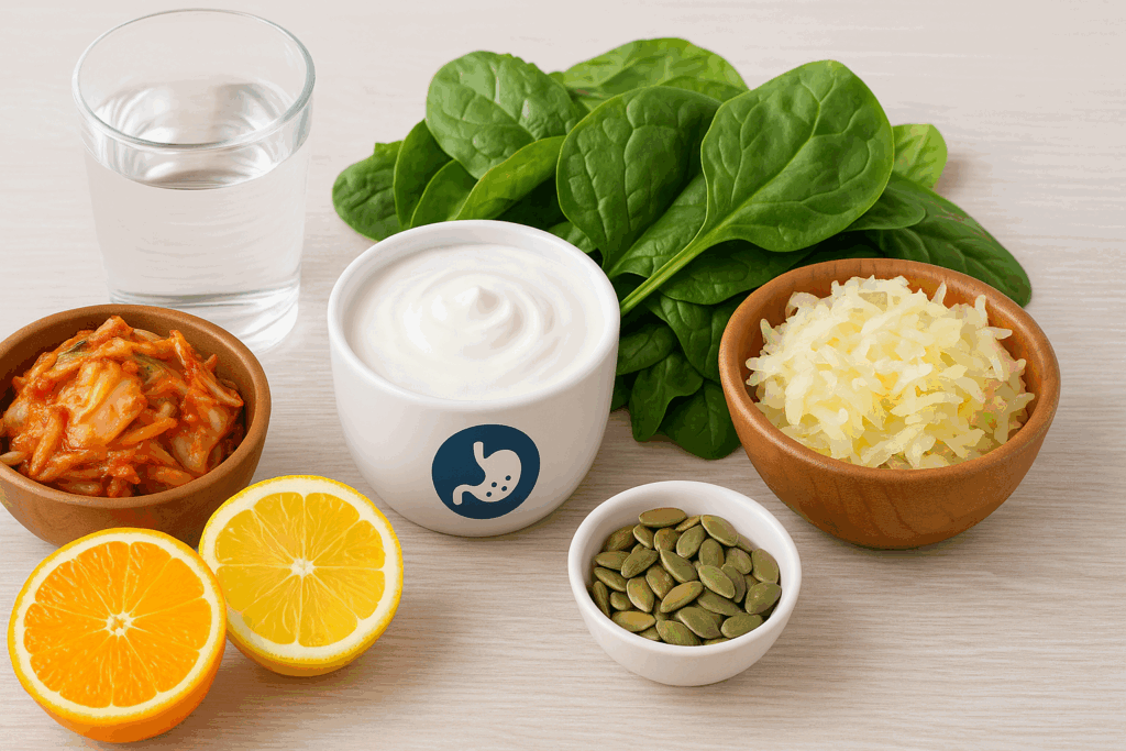 Nutrient-rich muscle-building foods like yogurt, leafy greens, citrus fruits, kimchi, and pumpkin seeds arranged to support digestive health and show how to gain muscle in women