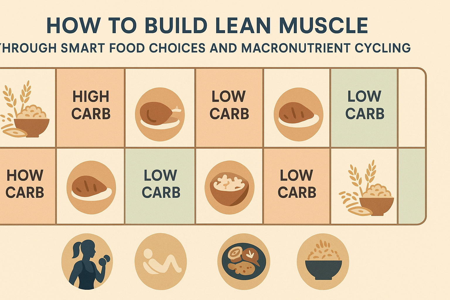 Infographic showing a macronutrient cycling plan with high-carb and low-carb days, resistance training, and protein-rich meals to illustrate how to gain muscle in women