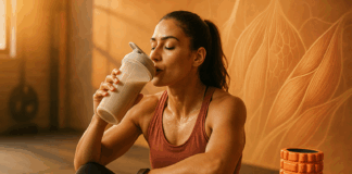 Fit woman drinking a protein shake post-workout in a gym with a foam roller nearby, illustrating recovery and the question: does protein help with soreness