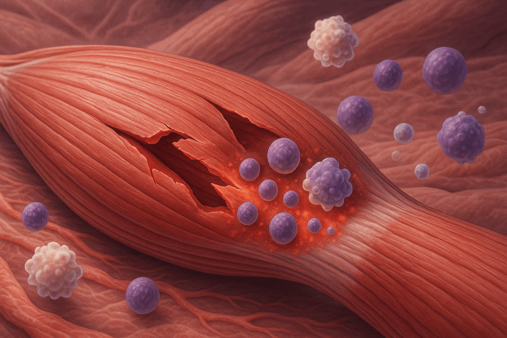 Illustration of muscle fiber damage and immune response after exercise, visualizing what happens biologically when asking does protein help with soreness