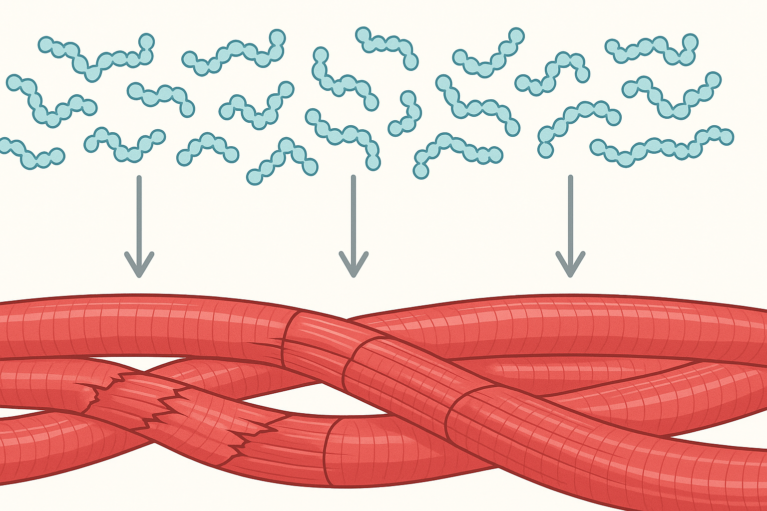 Amino acid chains integrating into damaged muscle fibers, visually representing how protein supports muscle repair—answers does protein help with soreness.