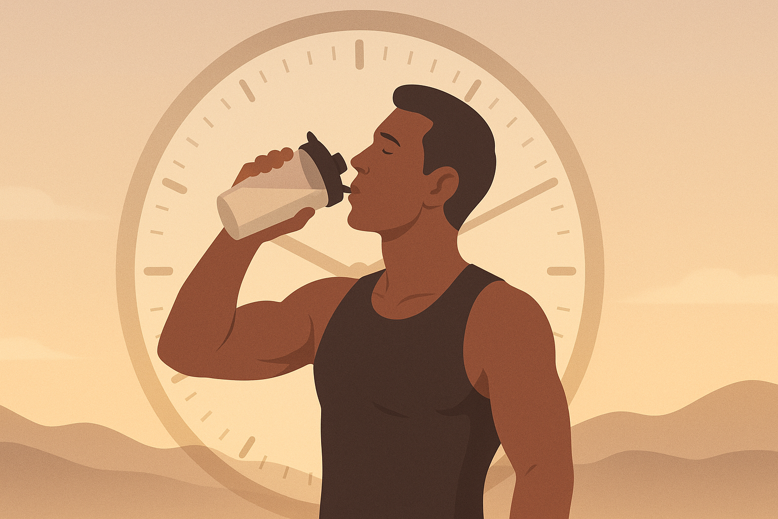 Athletic man drinking a protein shake post-workout with a clock in the background, illustrating the timing factor in answering does protein help with soreness