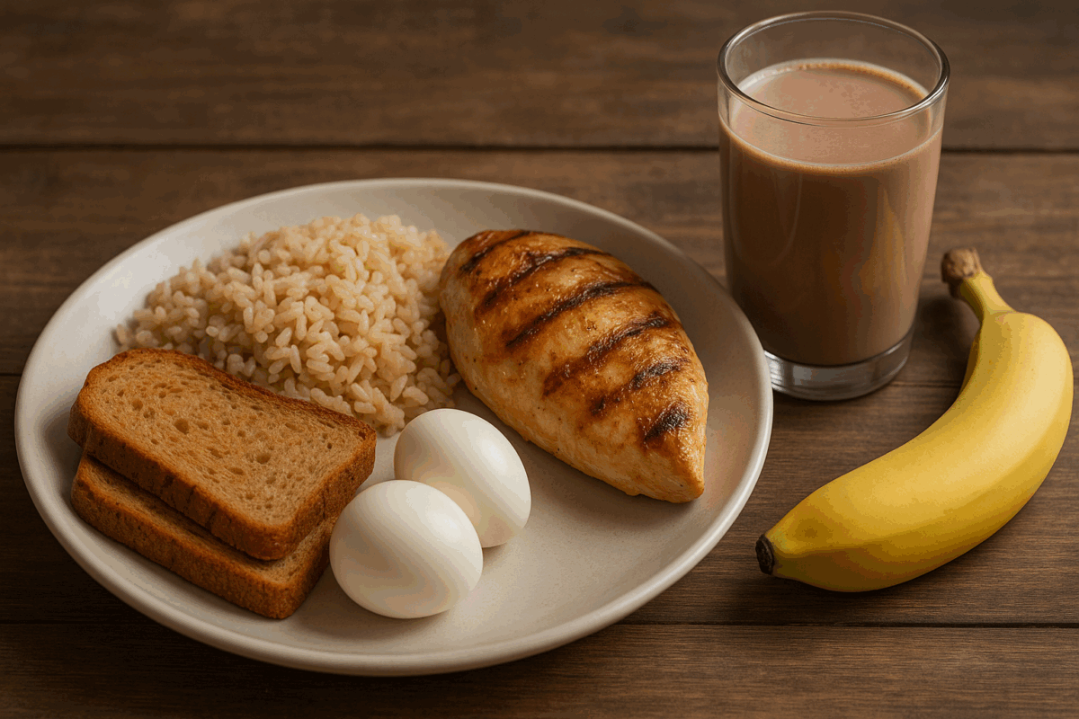 Grilled chicken with brown rice, whole-grain toast and eggs, chocolate milk, and a banana arranged as a recovery meal showing does protein help with soreness.