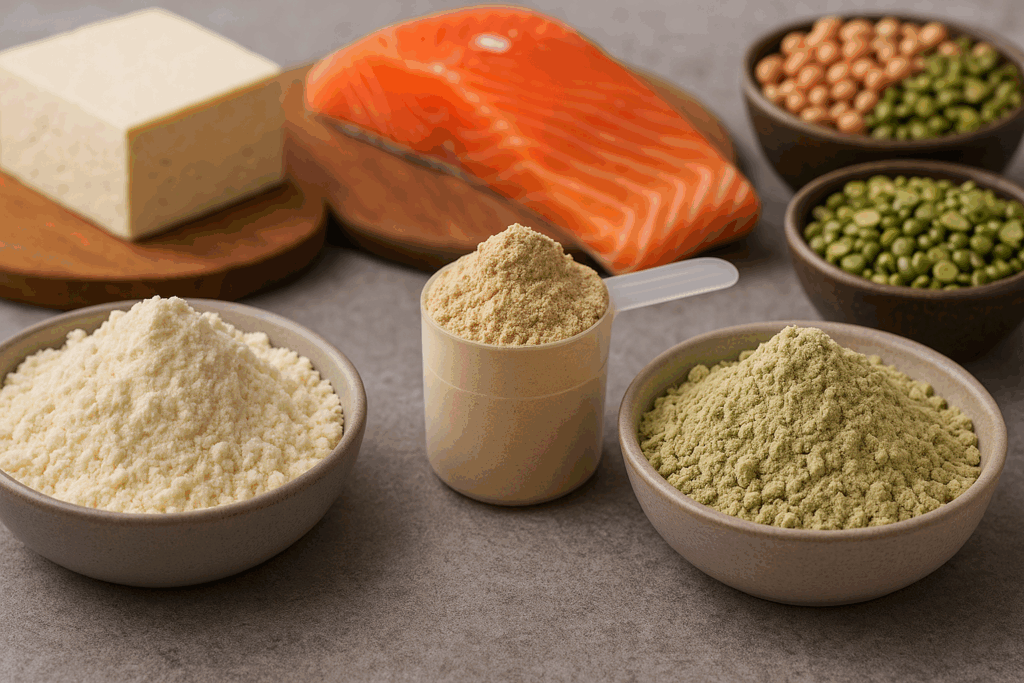 Whey, casein, and plant-based protein powders in bowls with tofu, salmon, and legumes in the background, illustrating variety for answering does protein help with soreness.
