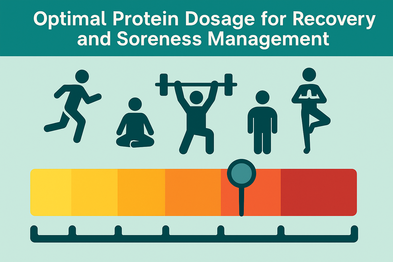 Color-coded infographic scale matching body weight to protein dosage for different exercises, addressing does protein help with soreness