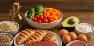 Bulking meals displayed on a wooden table with grilled chicken, lean beef, brown rice, quinoa, eggs, avocado, and colorful vegetables.