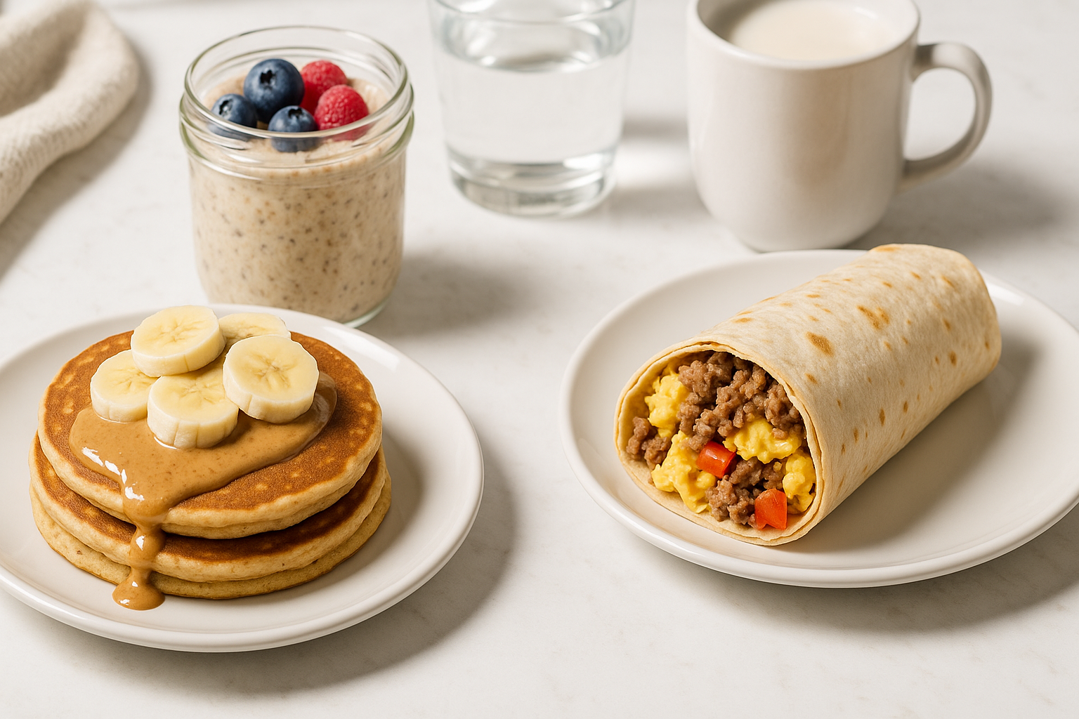 High-protein breakfast bulking meals including protein pancakes with banana and almond butter, a beef and egg breakfast burrito, and overnight oats with berries.