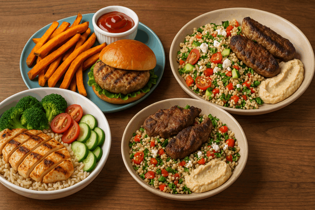 Grilled chicken bowl, turkey burger with sweet potato fries, and Mediterranean quinoa salad with lamb and hummus arranged as high-protein bulking meals