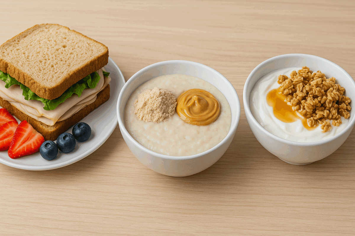 Three energizing bulking meals including a turkey sandwich with fruit, cream of rice with whey and peanut butter, and Greek yogurt with granola.
