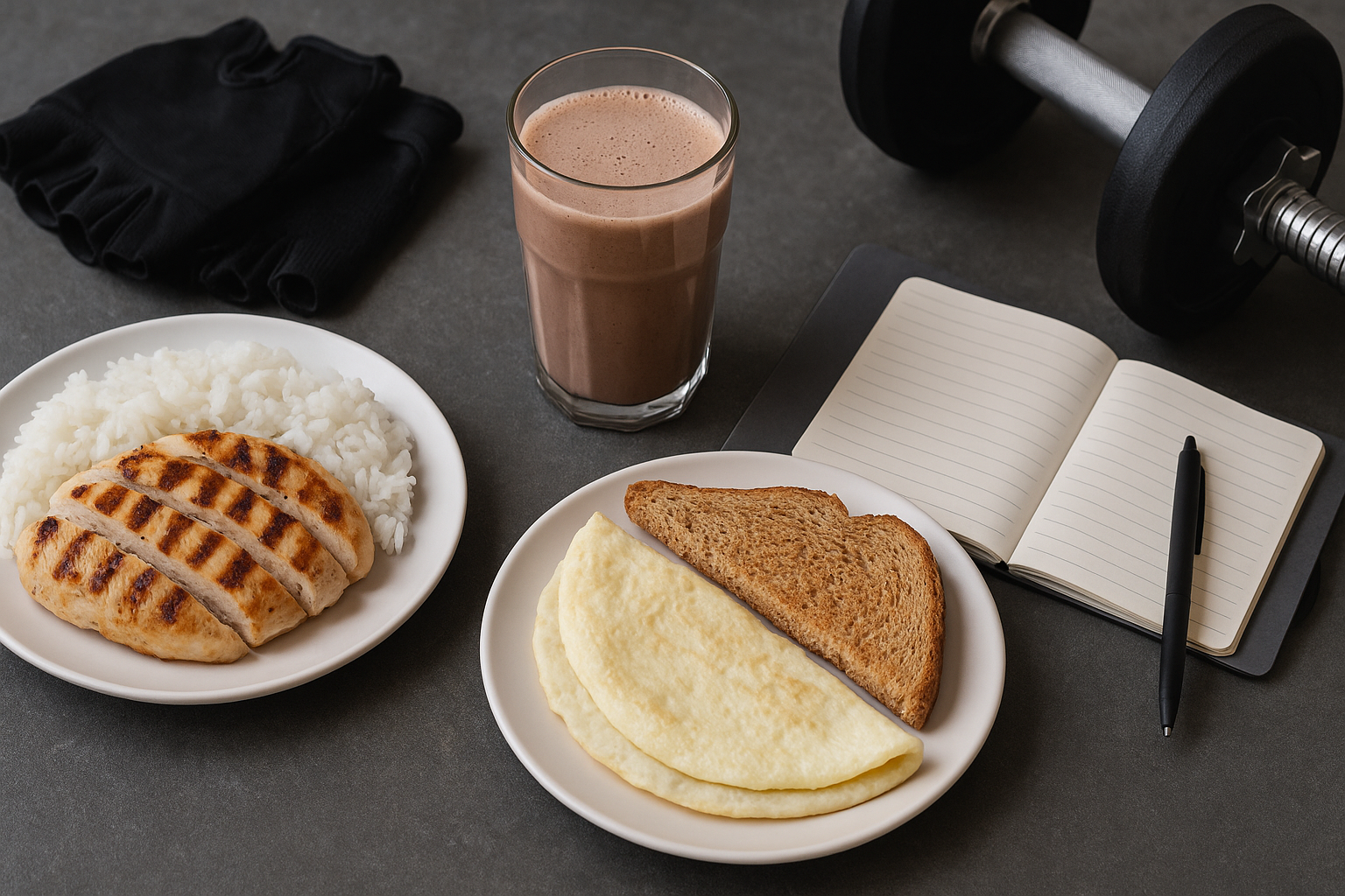 Grilled chicken with rice, egg-white omelet with toast, and a whey protein smoothie arranged as post-workout bulking meals beside gym gear and a recovery journal.