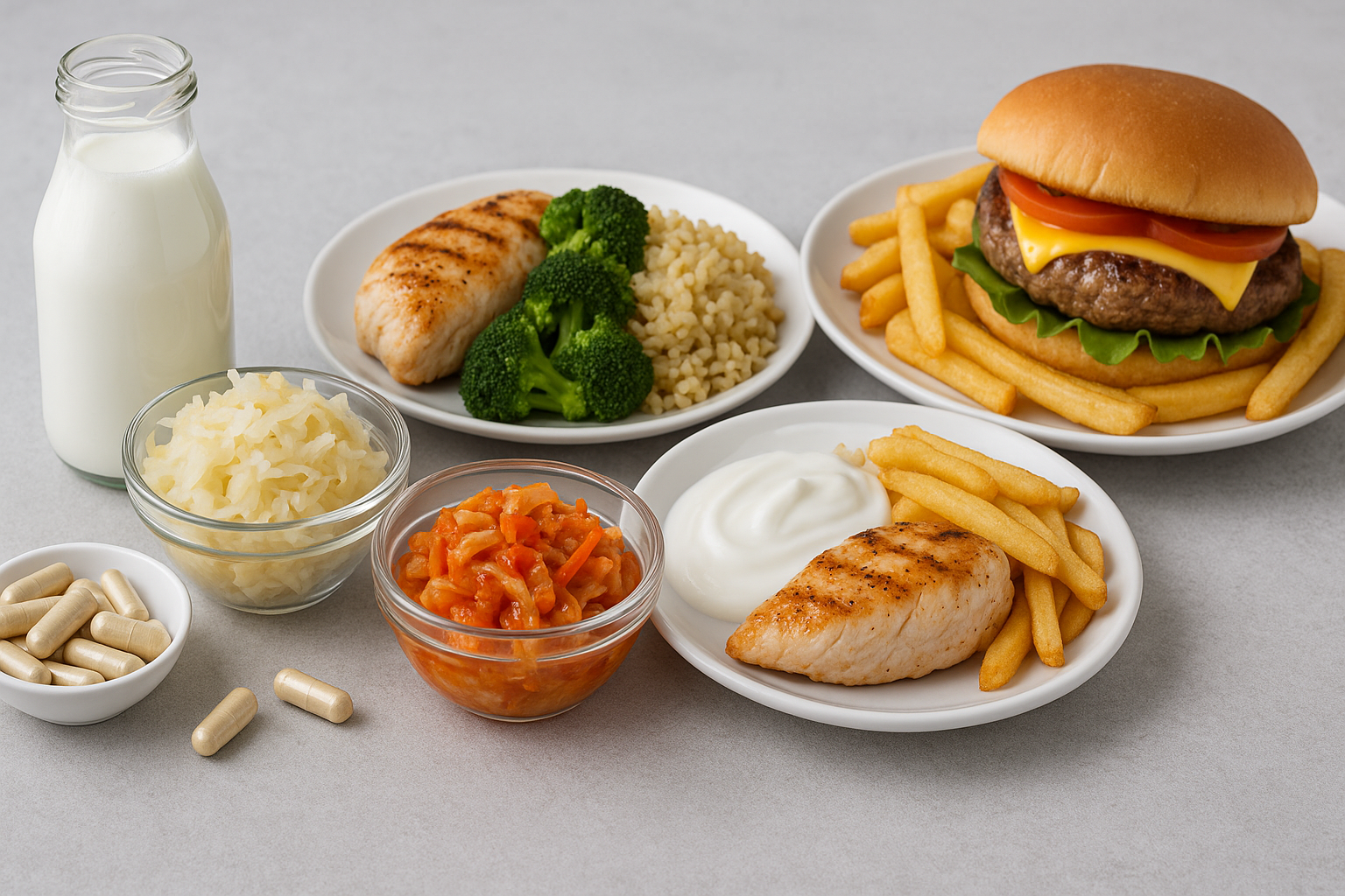 Grilled chicken with broccoli and rice, cheeseburger with fries, and probiotic foods like kefir, kimchi, sauerkraut, and yogurt arranged beside enzyme capsules to support digestion with bulking meals.