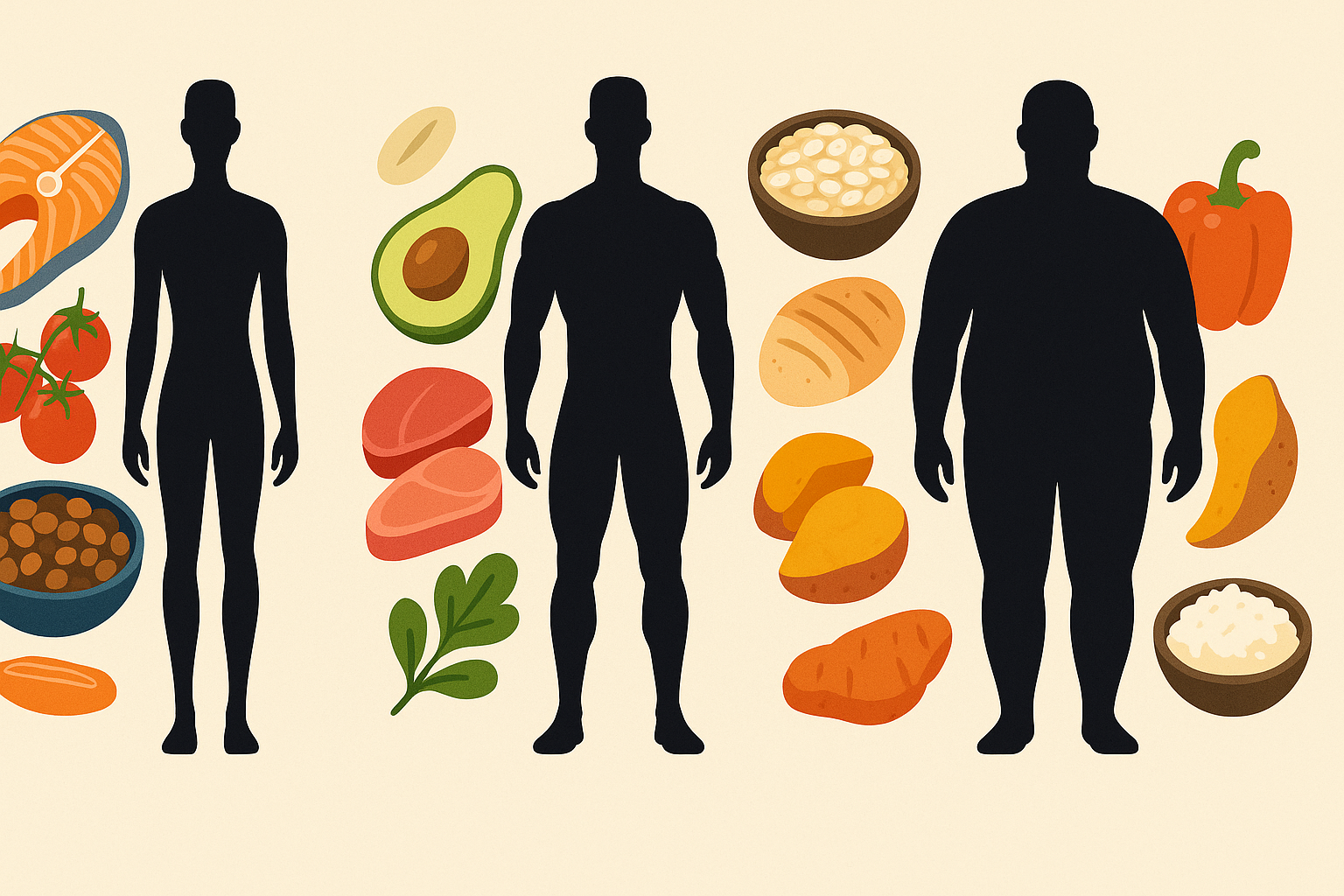 Infographic showing three male body types—ectomorph, mesomorph, and endomorph—surrounded by different bulking meals like lean meats, sweet potatoes, oats, and avocado