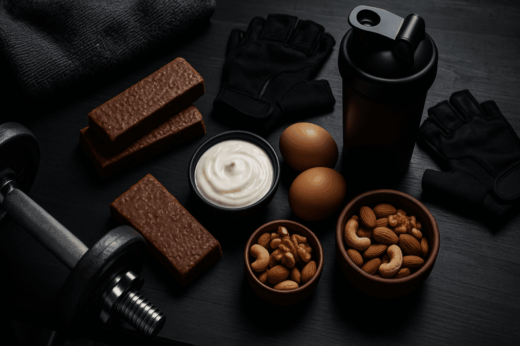 ChatGPT Image May 22, 2025, 10_46_42 AM Flat lay of the best bulking snacks including protein bars, Greek yogurt, eggs, mixed nuts, and a protein shaker on a gym bench with dumbbells and gloves.