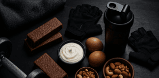 Flat lay of the best bulking snacks including protein bars, Greek yogurt, eggs, mixed nuts, and a protein shaker on a gym bench with dumbbells and gloves.