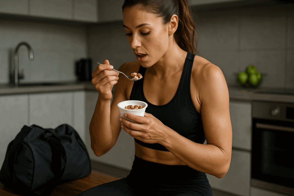Athletic woman in fitness wear eating yogurt with nuts in a modern kitchen, highlighting best bulking snacks for post-workout nutrition.