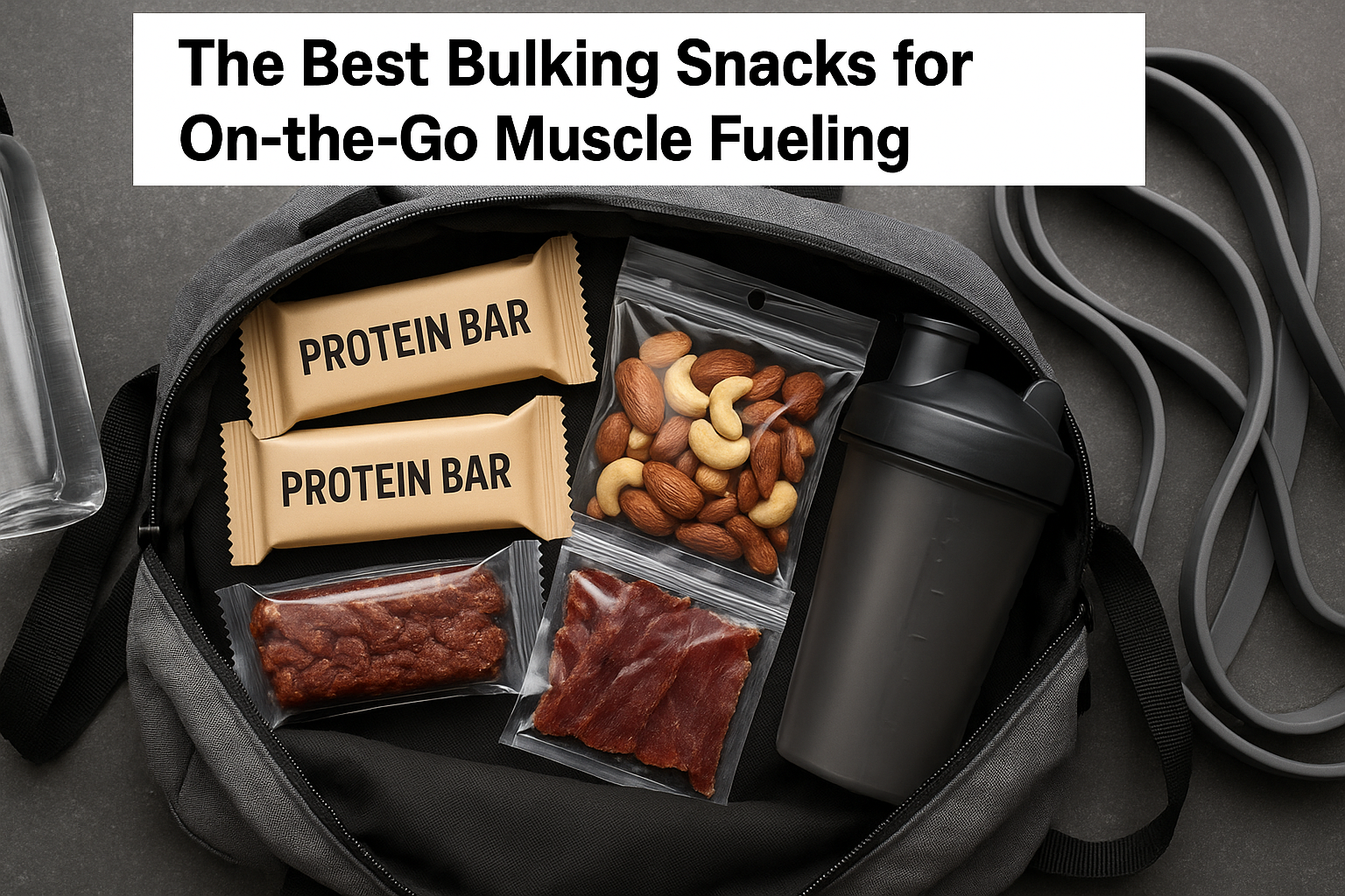 Open gym bag filled with the best bulking snacks like protein bars, jerky, mixed nuts, and a shaker bottle, surrounded by fitness gear.