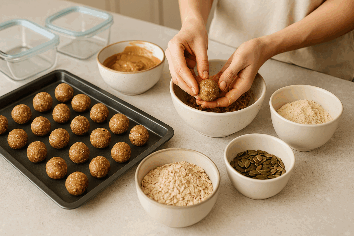 Hands rolling oat and nut butter protein balls on a kitchen counter with bowls of ingredients and meal prep containers, showcasing best bulking snacks in homemade preparation.