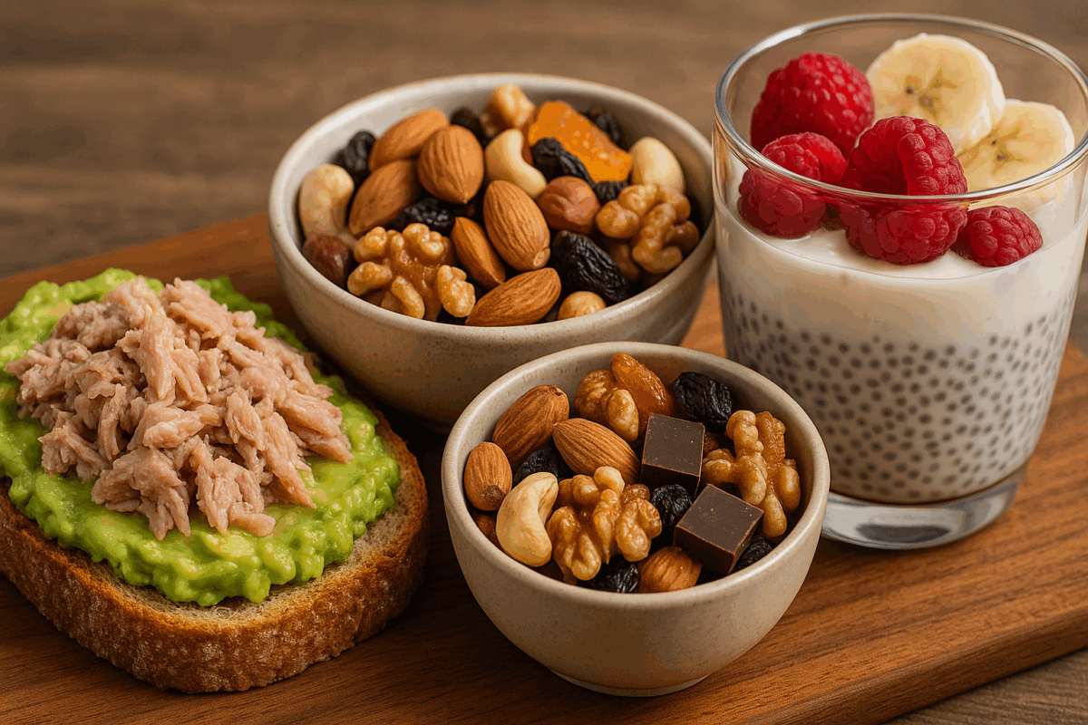 Avocado toast with tuna, trail mix of nuts, dried fruits, and dark chocolate, and a chia pudding parfait—all nutrient-dense examples of best bulking snacks.