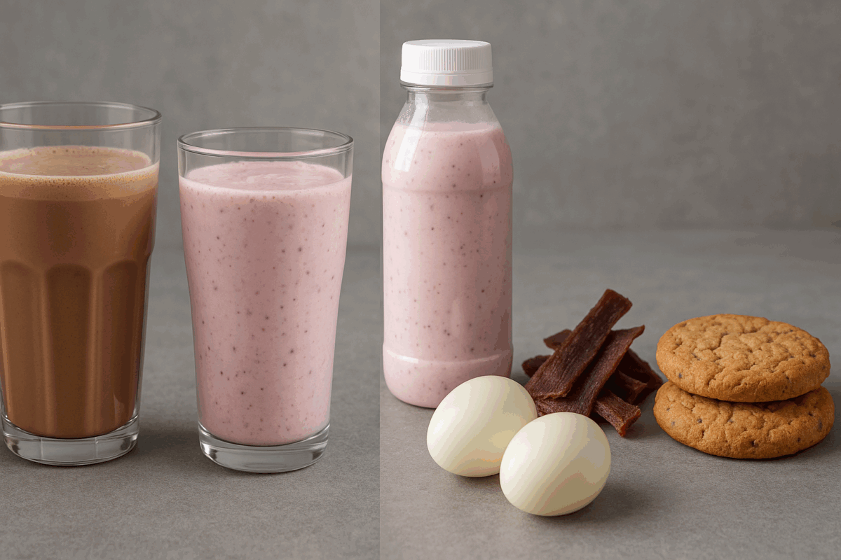 Side-by-side comparison of the best bulking snacks, featuring protein shakes and a kefir smoothie next to hard-boiled eggs, beef jerky, and protein cookies.