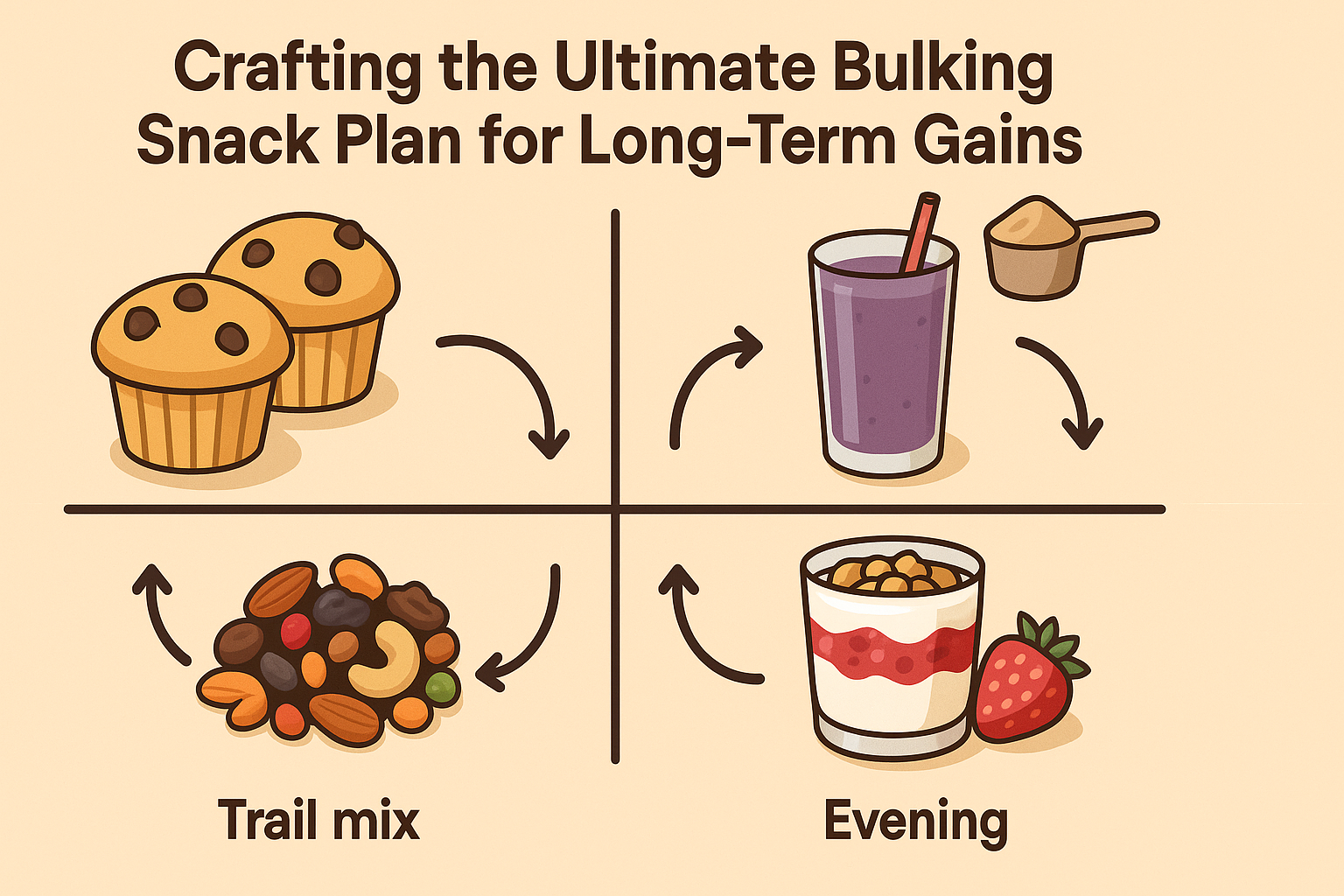 Infographic showing the best bulking snacks for a full day: protein muffins, smoothie, trail mix, and yogurt parfait segmented by snack time